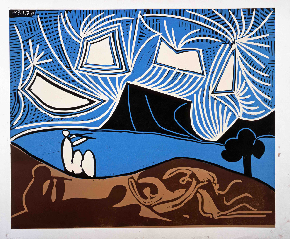 Pablo Picasso, Couple et Flu00fbtistes au Bord du2019un Lac, 1959, linocut print, 64 x 53 cm. Remai Modern Collection. Gift of the Frank and Ellen Remai Foundation, 2012. Image: u00a9 Picasso Estate / SODRAC 2018.