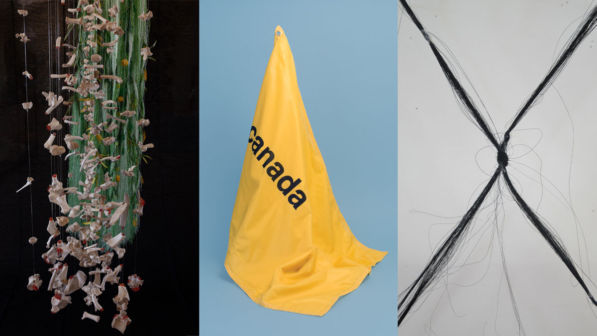 Left to right: Lyndal Osborne, Drought, 2020, mixed media installation, 22.9 x 31.8 x 27.9 cm. Blair Fornwald and Nic Wilson, proposal for a flag, 2020, installation with nylon flags and wallpaper, dimensions variable. Laura Hale, Fringe, 2020, synthetic hair, 244 x 244 cm.