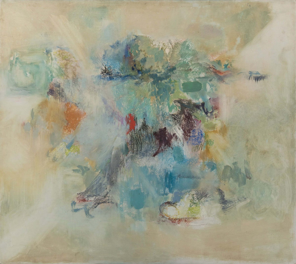 Dorothy Knowles, Memories of Home, 1962, oil on board, 48 x 54 inches. Courtesy of the artist.Faye HeavyShield, working form for new installation, 2018. Courtesy of the artist.Elaine Cameron-Weir, untitled, 2018, parachute silk, stainless steel and leather, 91.4 x 17.8 x 160 cm. Courtesy of the artist and Hannah Hoffman, Los Angeles.
