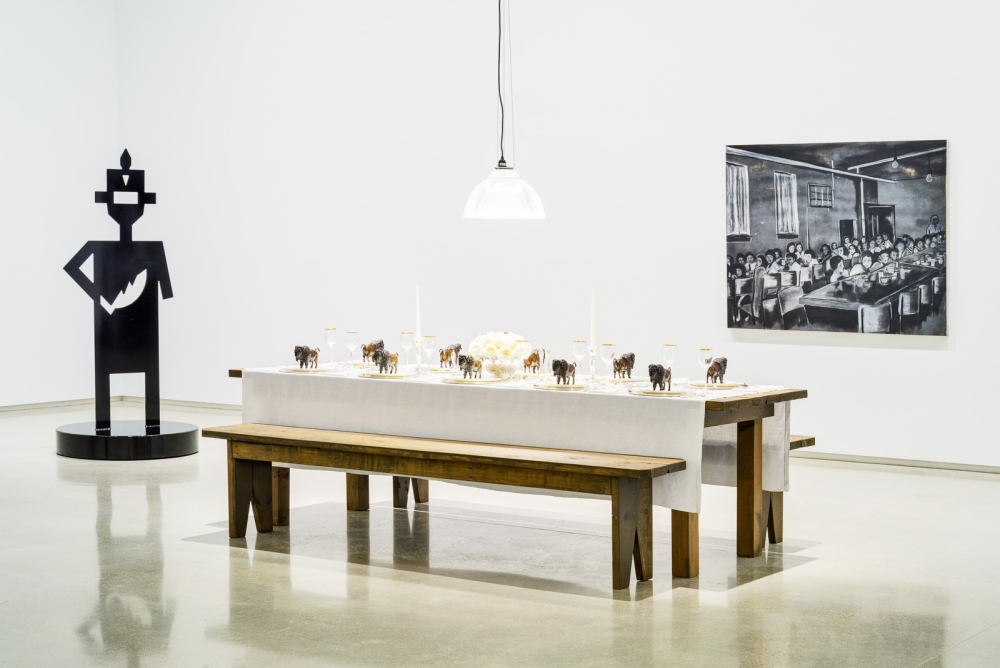 Adrian Stimson, Iini Sookumapii: Guess who's coming to dinner?, 2019, mixed media installation, dimensions variable. Purchased with funds from the Remai Modern Foundationu2019s Mendel 40th Anniversary Fund, 2021.