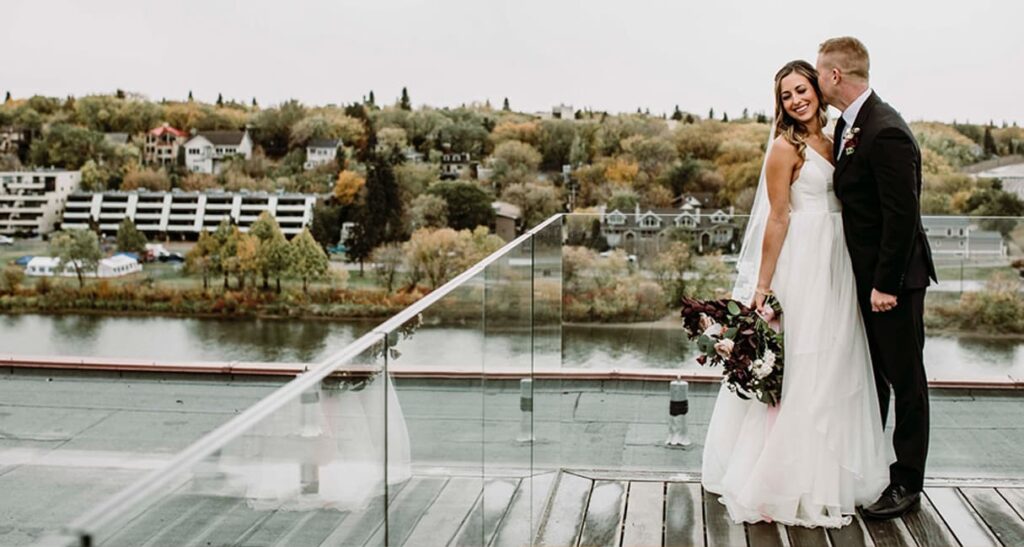 A newly married couple on the museums rooftop