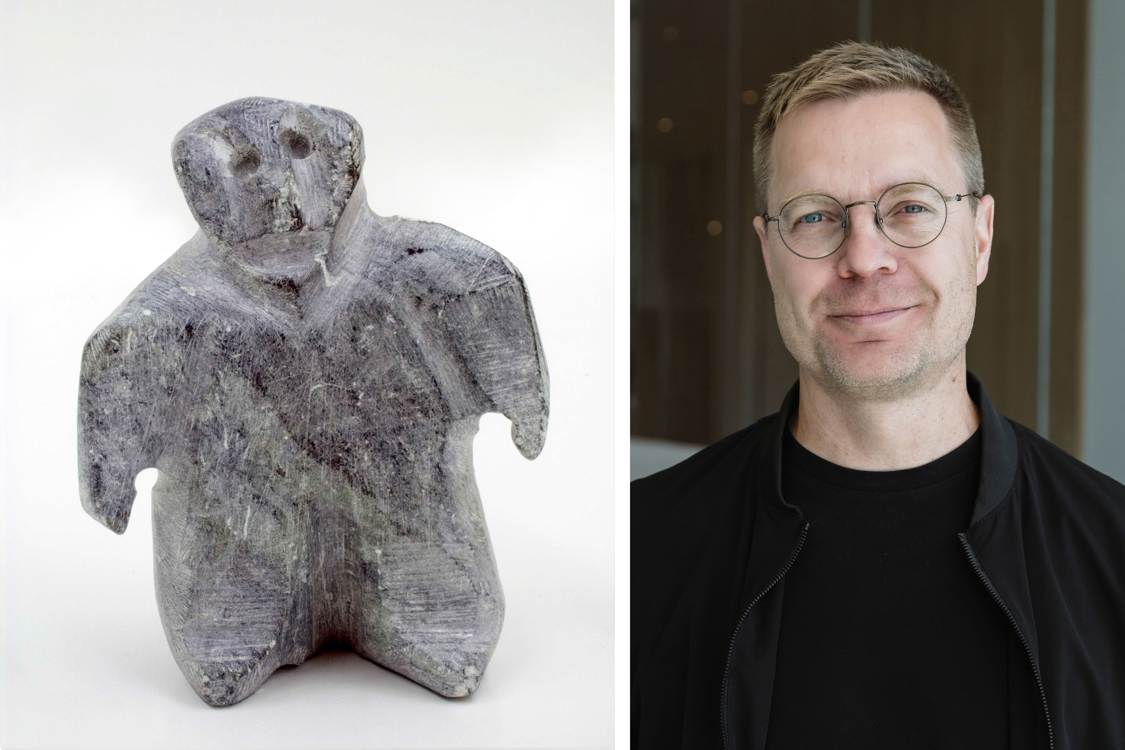 Left: John Kavik, Standing Figure, c. 1982, stone, 9.2 x 7.4 x 4.5 cm. The Mendel Art Gallery Collection at Remai Modern. Gift of Jean Williamson, 2011. Right: Curator Troy Gronsdahl.