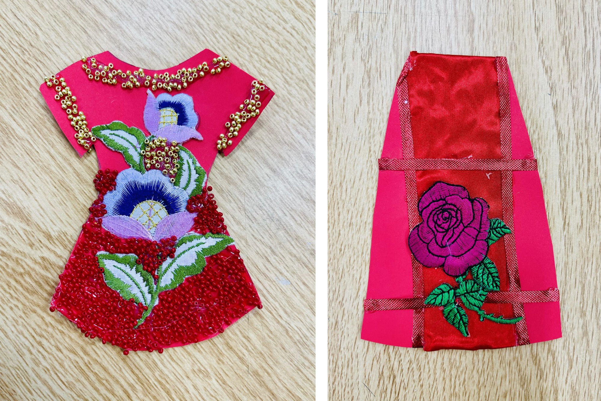 A miniature red dress made from paper, beads, and other materials. Two photos show the front and back of the dress.