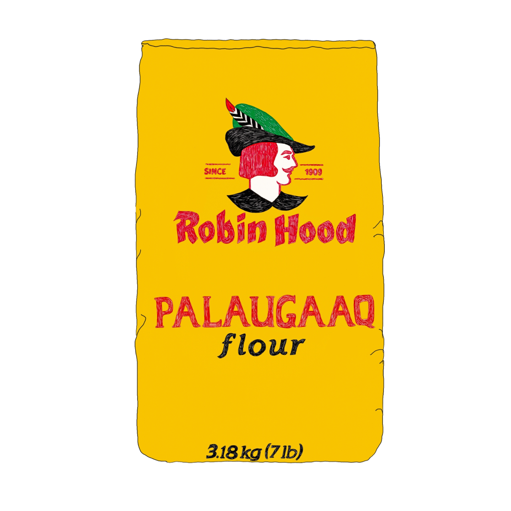 Illustration of a bag of Robin Hood flour, with the name changed to Palaugaak flour.