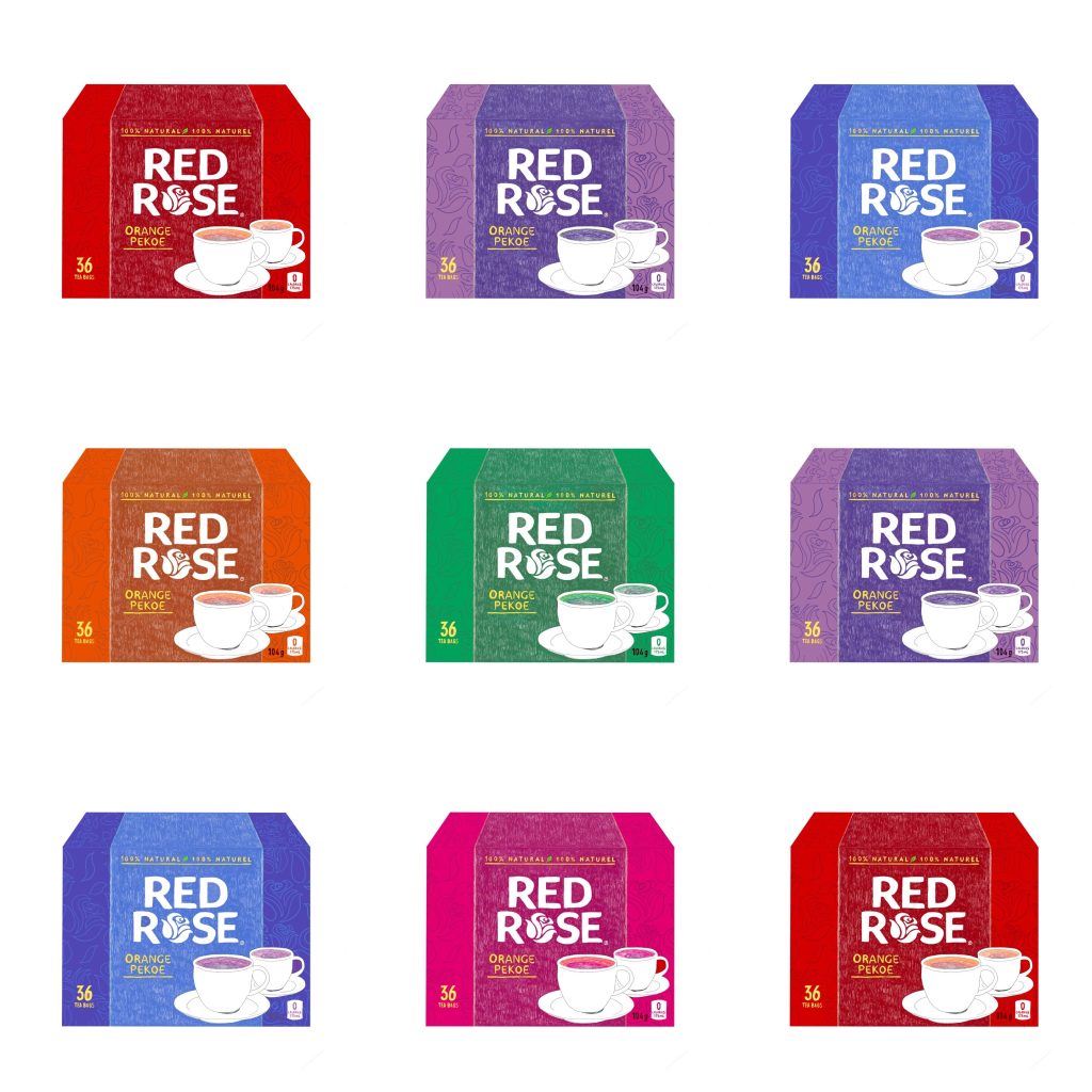 A grid of Red Rose tea boxes of various colours