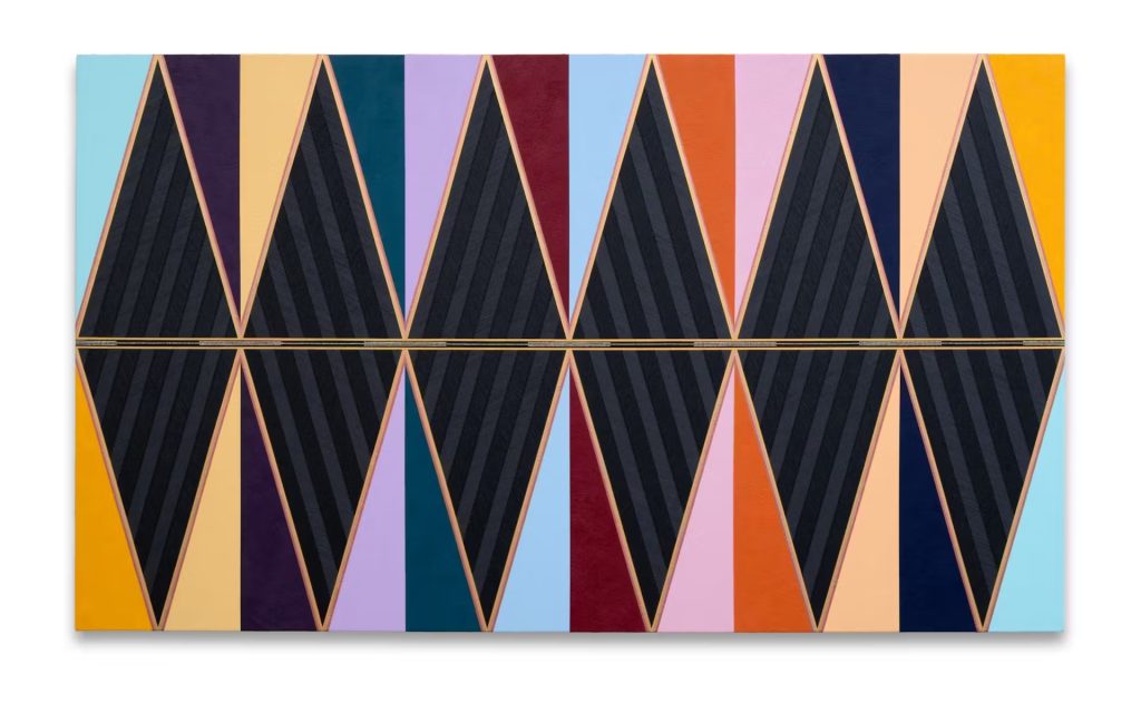 A symmetrical abstract artwork with striped black diamond shapes outlined in peach, set against alternating colorful vertical panels.
