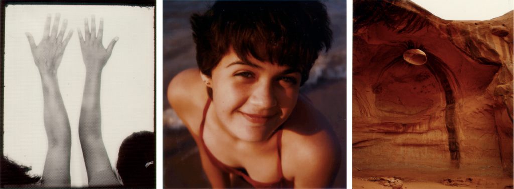 Triptych of photographs: on the left, two raised arms and hands photographed in black and white; in the center, a close-up color portrait of a smiling person in a swimsuit at the beach; on the right, a color photograph of a red rock cave formation with a circular opening above.