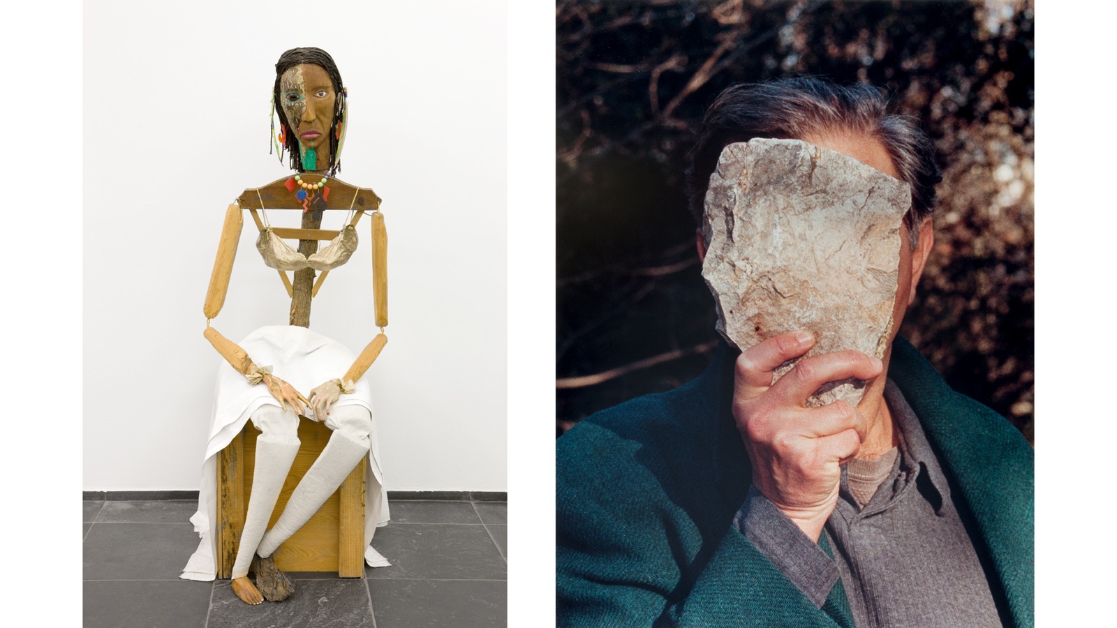 Left: Jimmie Durham, Malinche, 1988-1992. Guava, pine branches, oak, snakeskin, , polyester bra soaked in acrylic resin and painted gold, watercolor, cactus leaf, canvas, cotton cloth, metal, rope, feathers, plastic jewelry, glass eye. 70 u00d7 23 u215d u00d7 35 in. (177 u00d7 60 u00d7 89 cm). Stedelijk Museum voor Actuele Kunst (SMAK), Ghent, Belgium. Image u00a9S.M.A.K. / Dirk Pauwels.Right: Jimmie Durham, Self-Portrait Pretending to Be a Stone Statue of Myself, 2006. Color photograph. Edition of 1 + 1 AP. 31 u00be u00d7 24 in. (80.7 u00d7 60.9 cm). Collection of fluid archives, Karlsruhe. Courtesy of ZKM Center for Art and Media, Karlsruhe.