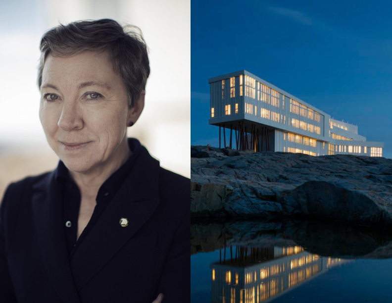 A side-by-side image pairing shows social entrepreneur Zita Cobb on the left and the Fogo Island Inn, a modern hotel situated on a rocky outcrop near the water, on the right.