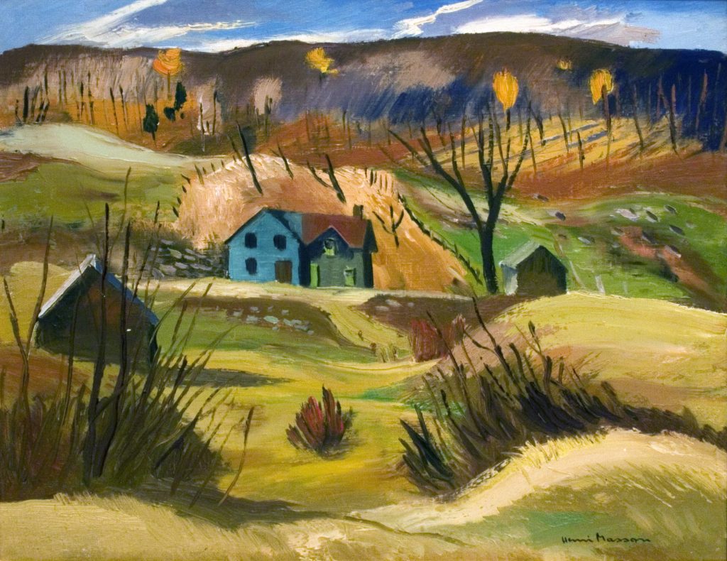An oil painting of a small blue house in a hilly landscape. Two other structures are visible amongst bare-branched trees and shrubs.