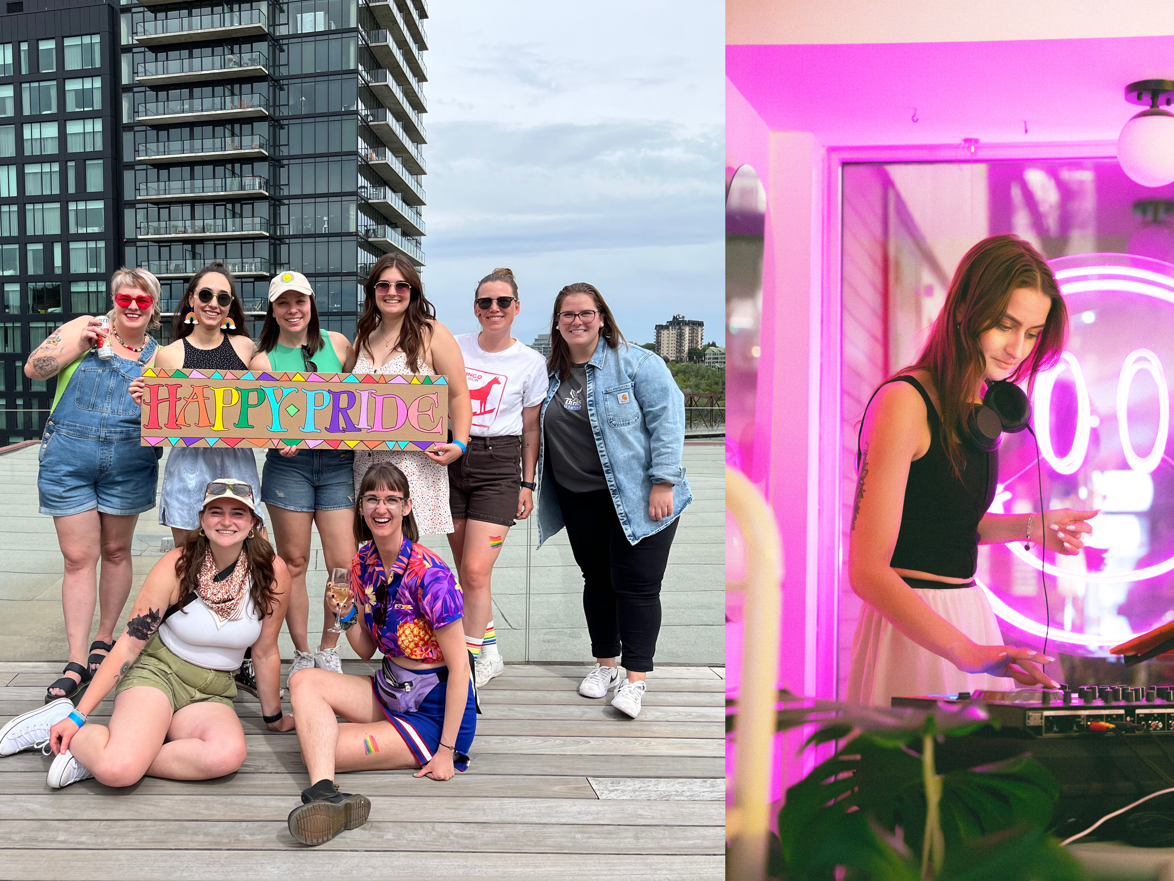 People hold a sign that says "Happy Pride" on Remai Modern's rooftop deck. On the right a image of a DJ performing under pink light