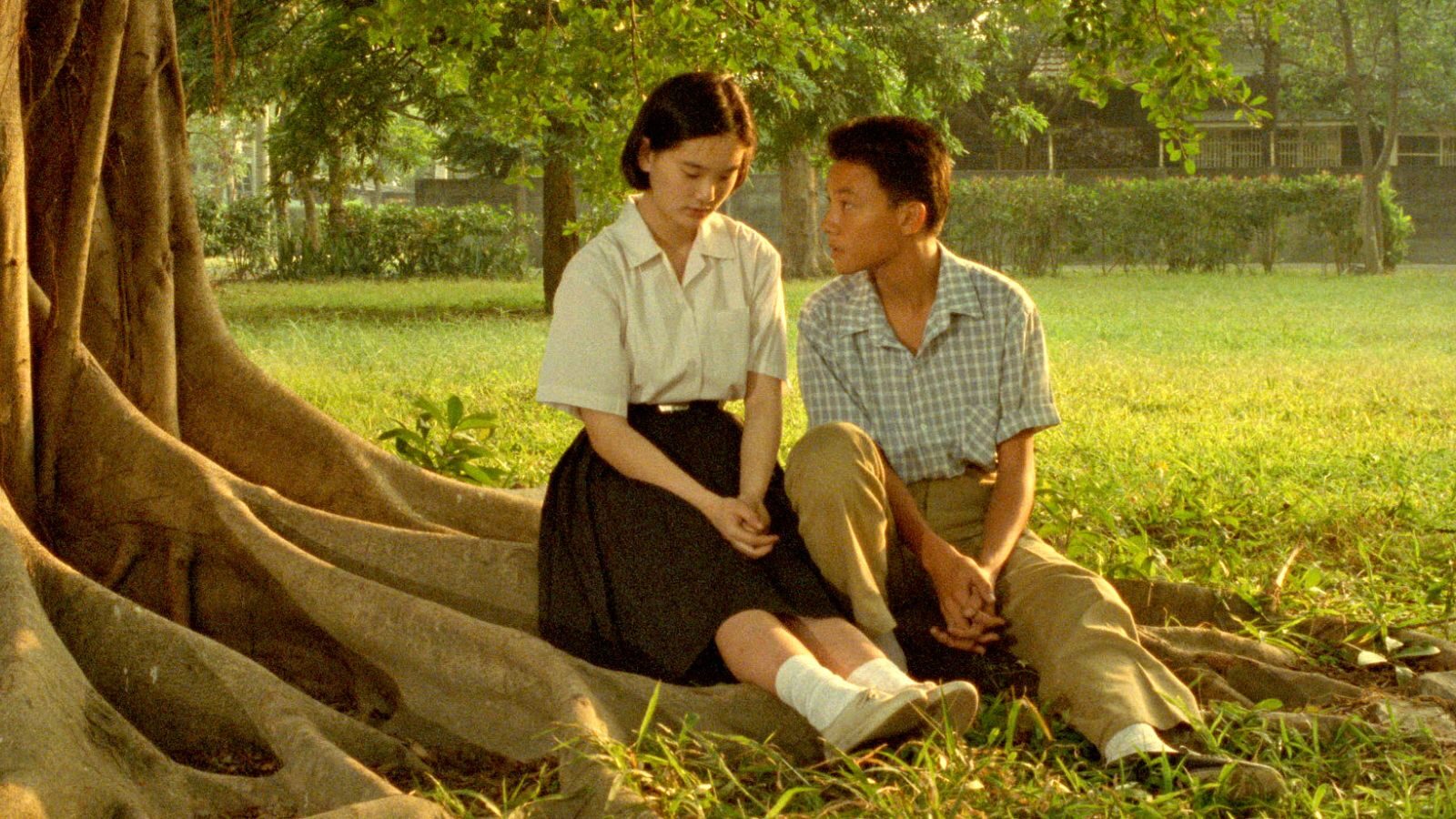 A young man and woman sit on the grass under a large tree with sprawling roots. The woman is looking down with a pensive expression, while the man looks at her attentively. They are both dressed in simple, casual clothing, and the scene takes place in a lush, green park. The mood is contemplative and serene, suggesting a moment of quiet conversation or reflection.