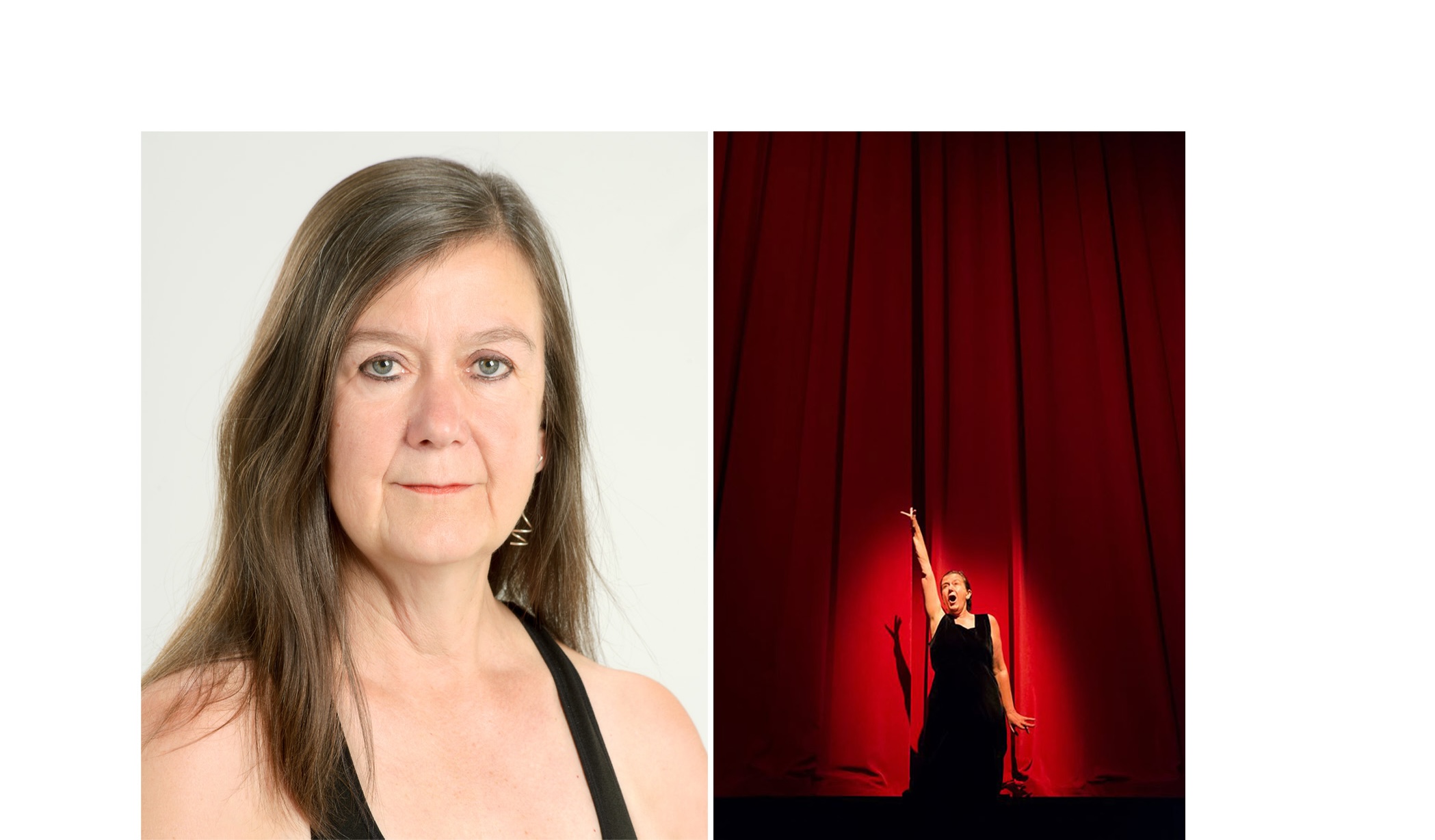 On the left: Helen Pridmore, a woman with long brown hair, wearing a black tank top, posing against a plain white background with a neutral expression. On the right: A performer on stage, standing in front of dramatic red curtains, wearing a black dress and striking a dynamic pose with one arm raised and mouth open, captured in an expressive moment of performance.