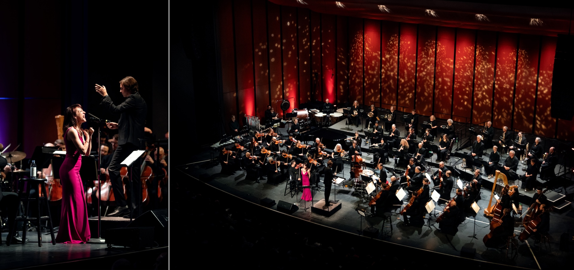 "A lady in a pink dress performing in front of an orchestra"