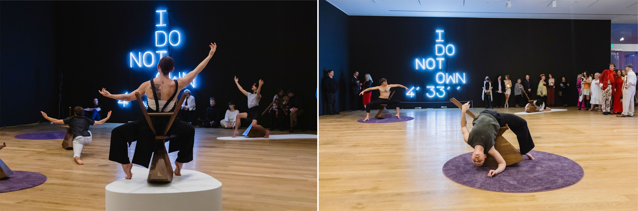 A collage of photos featuring performing artists watched by an audience.