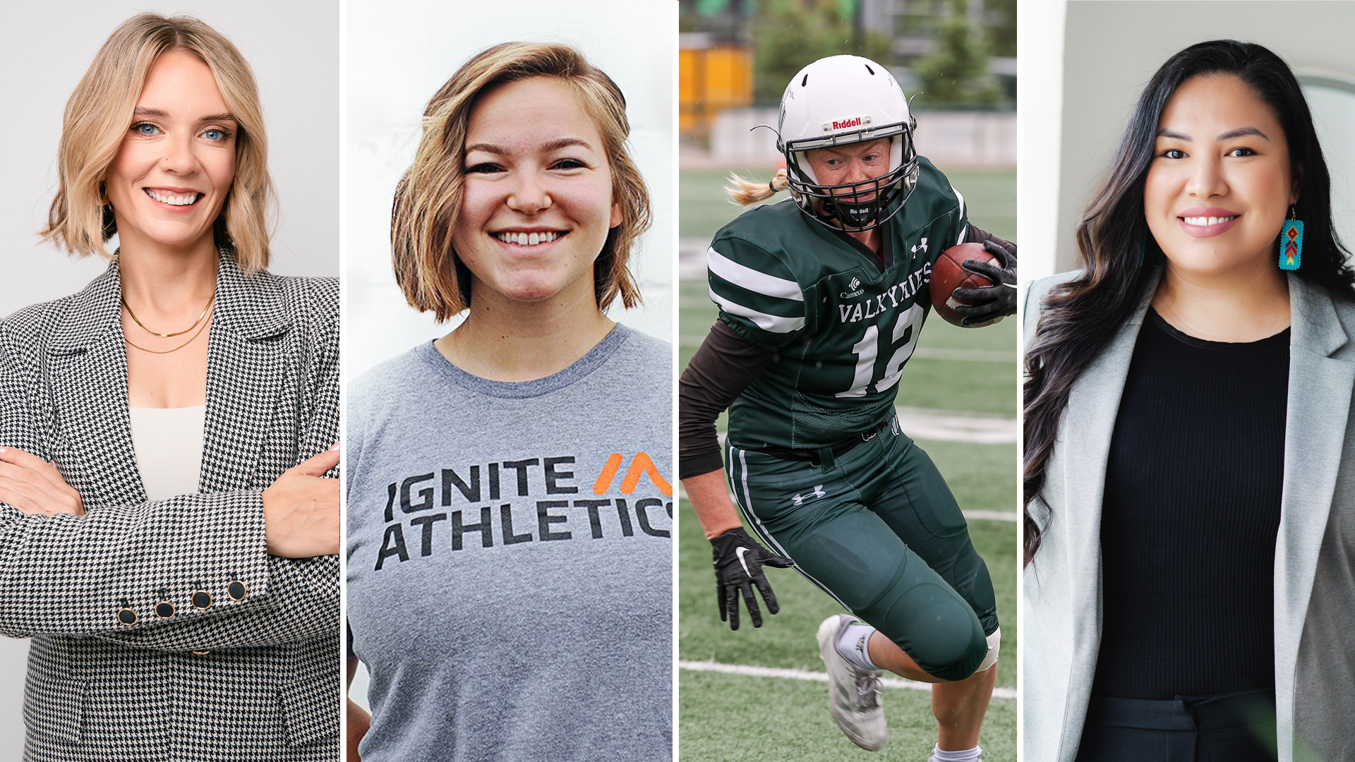 A collage of four women representing diverse roles in sports and fitness. From left to right: A smiling woman in a houndstooth blazer with crossed arms; a woman wearing a grey “Ignite Athletic” T-shirt smiling warmly; an athlete in a green “Valkyries” football uniform running with a football; and a professional woman with long dark hair, wearing a grey blazer and statement earrings, smiling confidently.