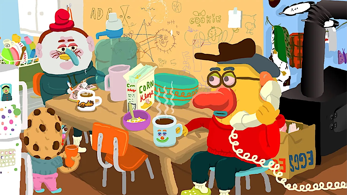 Colourful cartoon illustration of a quirky kitchen scene. Three characters with exaggerated faces—one with a big red nose and glasses, one with a blue nose wearing a red hat, and a small figure with a cookie for a head—are gathered around a cluttered table. The table is covered with cereal boxes, coffee mugs, bowls, and snacks. The character with the red nose is talking on a corded phone while the others eat breakfast. The wall behind them is covered in doodles, scribbles, and notes. A black wood stove stands to the right with a box labeled “EGGS” beside it.