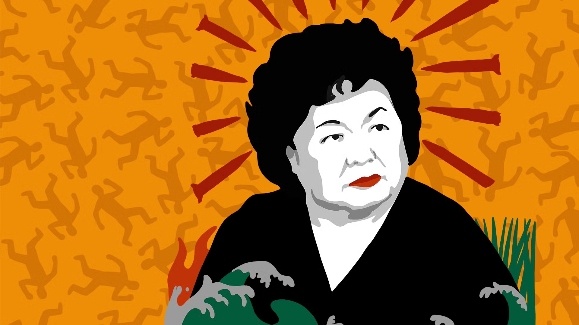 A bold, graphic illustration of an older woman with short black hair and red lips, wearing a black top. She is depicted in grayscale against a vivid orange background patterned with silhouetted figures falling or fleeing. Red rays emanate behind her head like a halo, and stylized flames and ocean waves rise in the lower left corner of the image.
