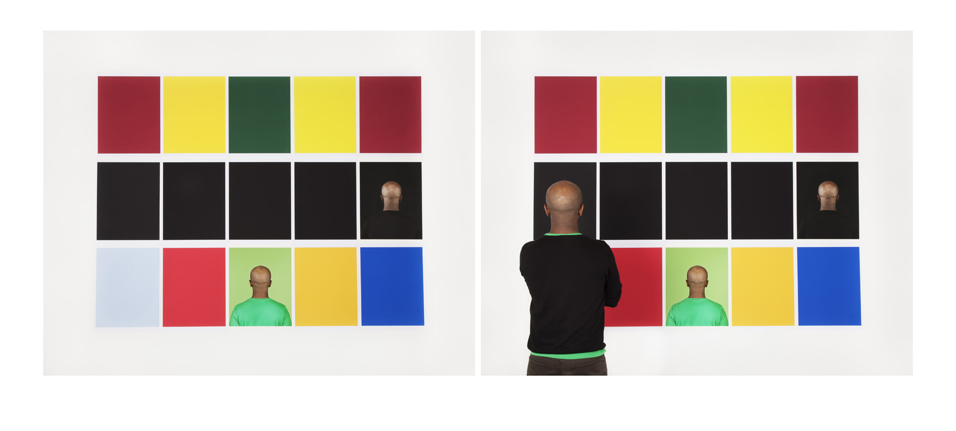 Two side-by-side photographs show a person standing in front of a wall of colorful rectangular panels arranged in a grid. The panels are in red, yellow, green, black, blue, and light blue, with some containing images of the back of the same person’s head. In the left image, the person is wearing a green shirt, facing the wall; in the right image, they wear a black shirt with green trim, also facing the wall.