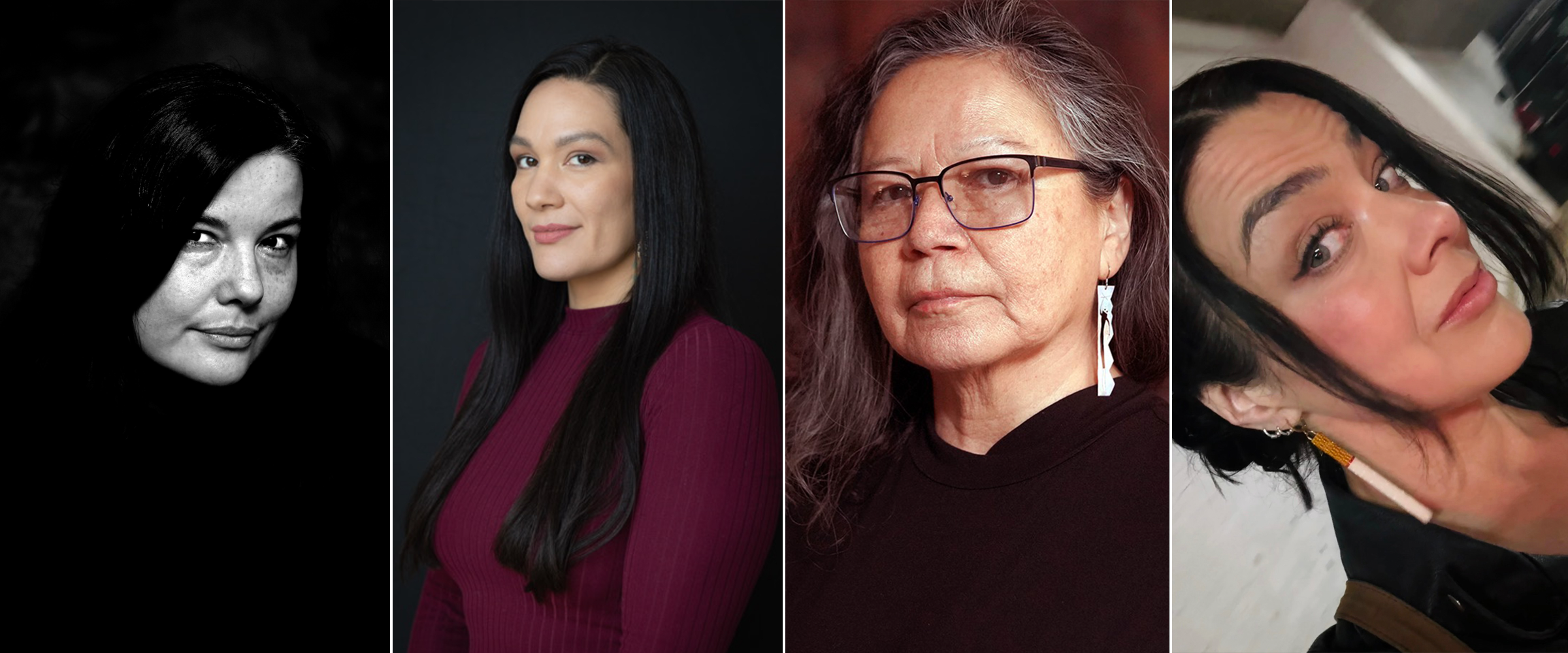 Side-by-side portraits of four people: Wanda Nanibush (photo by Shelley Niro), Adrianne Chalepah, Shelley Niro, and Tarralik Duffy. Each person is shown from the shoulders up, facing the camera with unique expressions and styles.