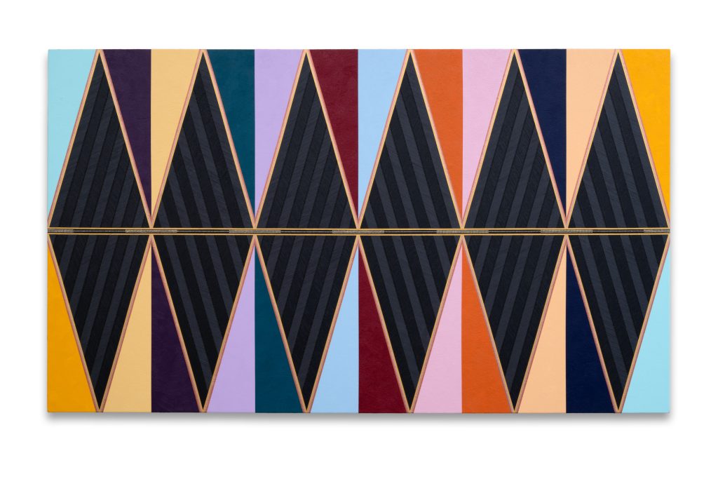 A symmetrical abstract artwork with striped black diamond shapes outlined in peach, set against alternating colourful vertical panels.
