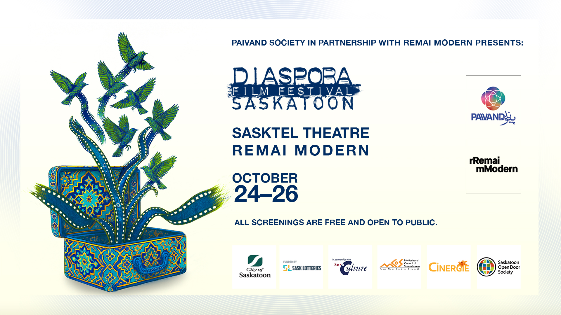 Poster for the Diaspora Film Festival Saskatoon, presented by Paivand Society in partnership with Remai Modern. The festival runs October 24–26 at the SaskTel Theatre, Remai Modern. A stylized illustration shows an ornate blue suitcase with Persian patterns, from which green birds and filmstrips emerge. Logos for Paivand and Remai Modern appear on the right, and additional sponsors are listed along the bottom. Text states that all screenings are free and open to the public.