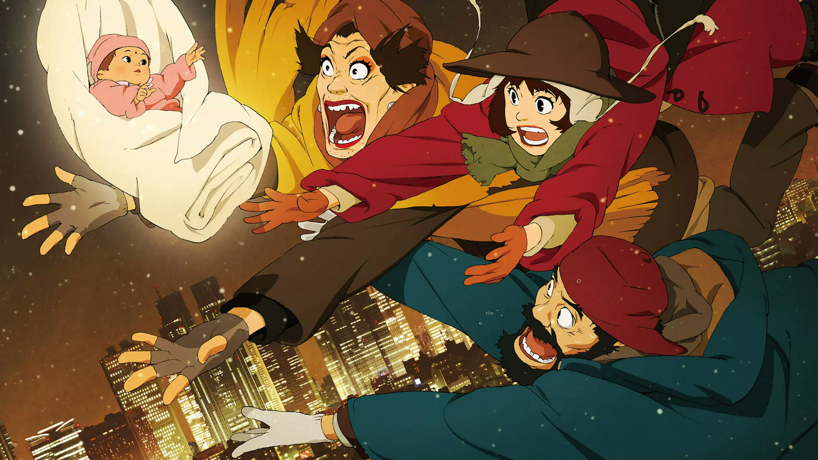 An animated scene of three adults diving through the snowy night sky above a brightly lit city, all reaching out in panic toward a bundled baby flying just ahead of them. One wears a yellow coat and has a wild expression, another wears a red scarf and wide-brimmed hat, and the third has a red beanie and a beard. The background shows tall skyscrapers glowing against the dark sky, adding urgency and drama to the moment.