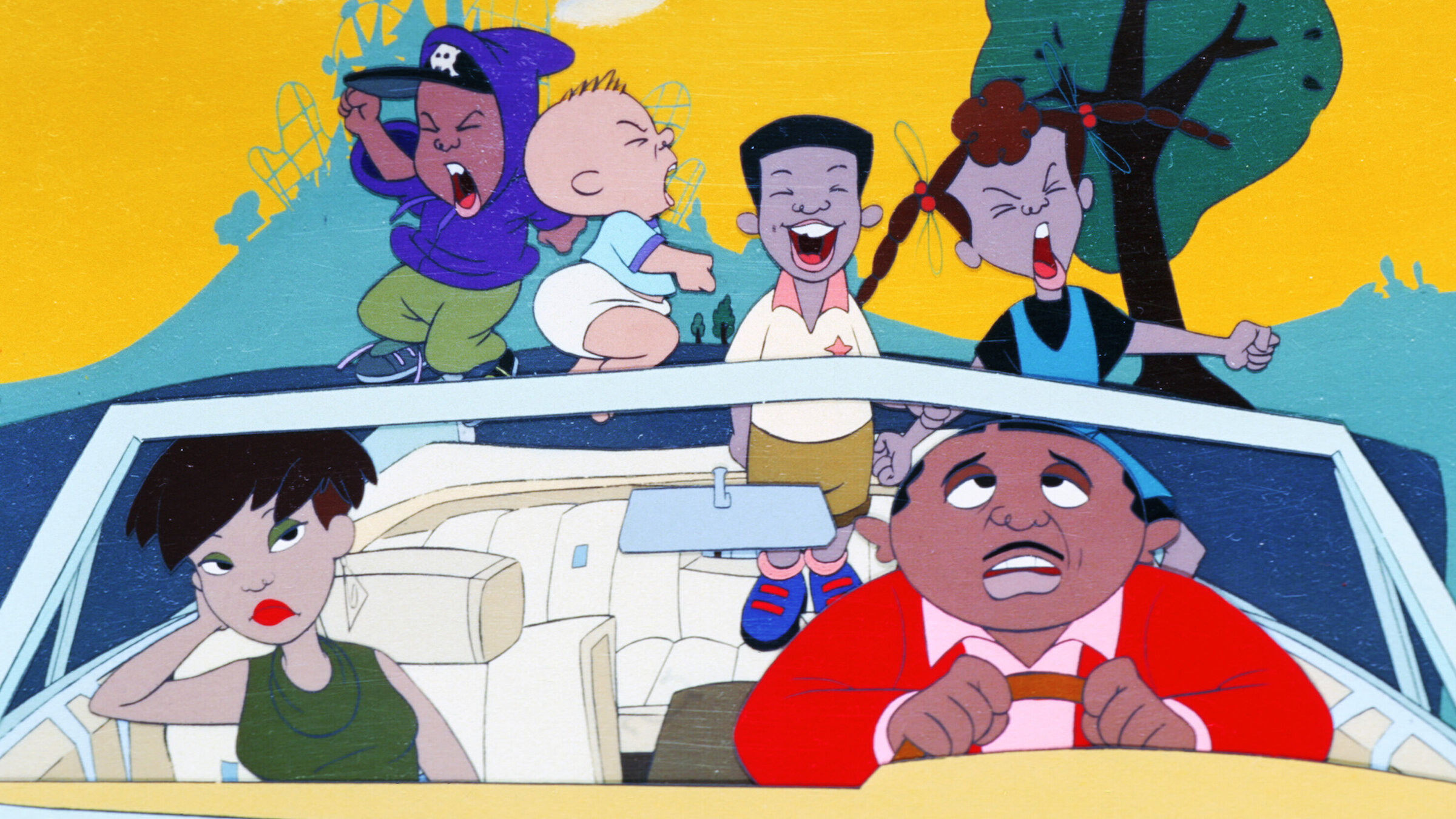 An animated scene shows a crowded convertible car filled with children and two adults. Several kids stand and shout excitedly from the back seat, laughing and yelling, while one child in a diaper bounces in the middle. In the front, a woman rests her head on her hand looking bored, and a man grips the steering wheel with a stressed, worried expression.