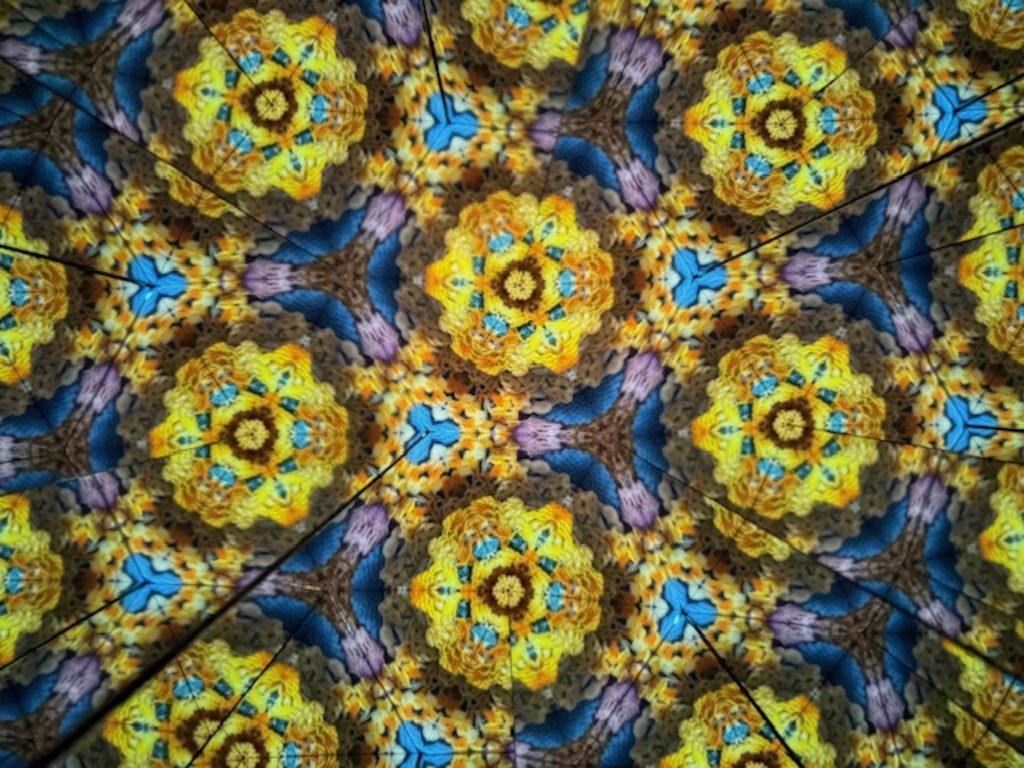 Kaleidoscopic image featuring a repeating, symmetrical floral pattern. Bright yellow flower-like forms with dark brown centers radiate outward, interspersed with blue and turquoise petal shapes and muted purple accents. The design is mirrored into triangular segments, creating a geometric, stained-glass effect with layered texture and vibrant contrast.