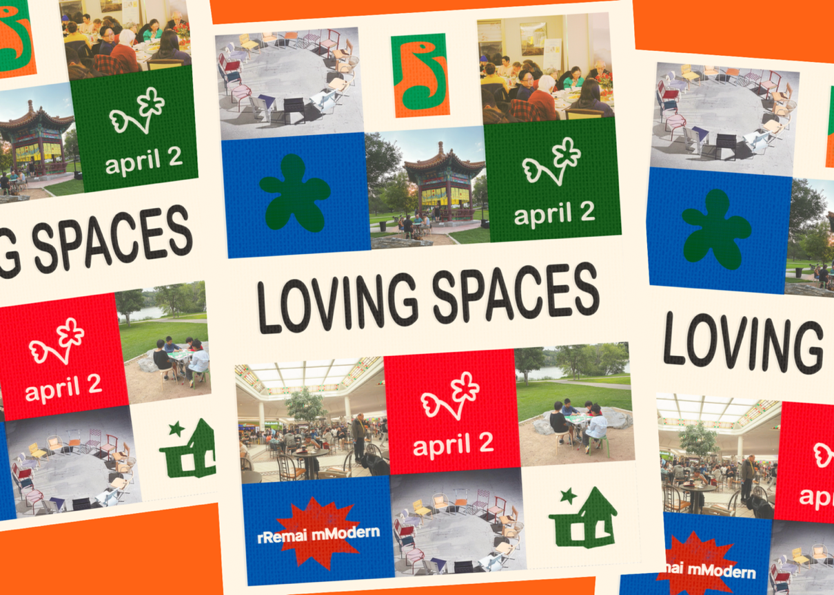 Colorful promotional poster for an event titled “Loving Spaces,” featuring a grid of photos and graphics. Images include people gathered around tables indoors, children playing outdoors, a circular arrangement of chairs, and a decorative pavilion in a park. Bright blocks of red, green, and blue with simple flower and house icons are interspersed throughout.