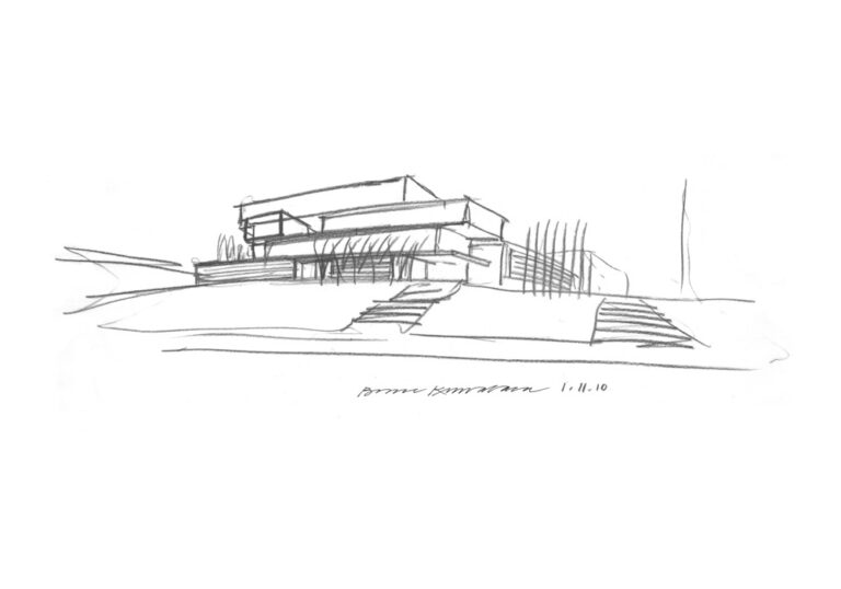 Pencil sketch of a modern building design showing a multi-level structure with geometric forms, steps leading to the entrance, and vertical elements. The drawing is dated and signed, appearing to be an architect's conceptual drawing on white paper.