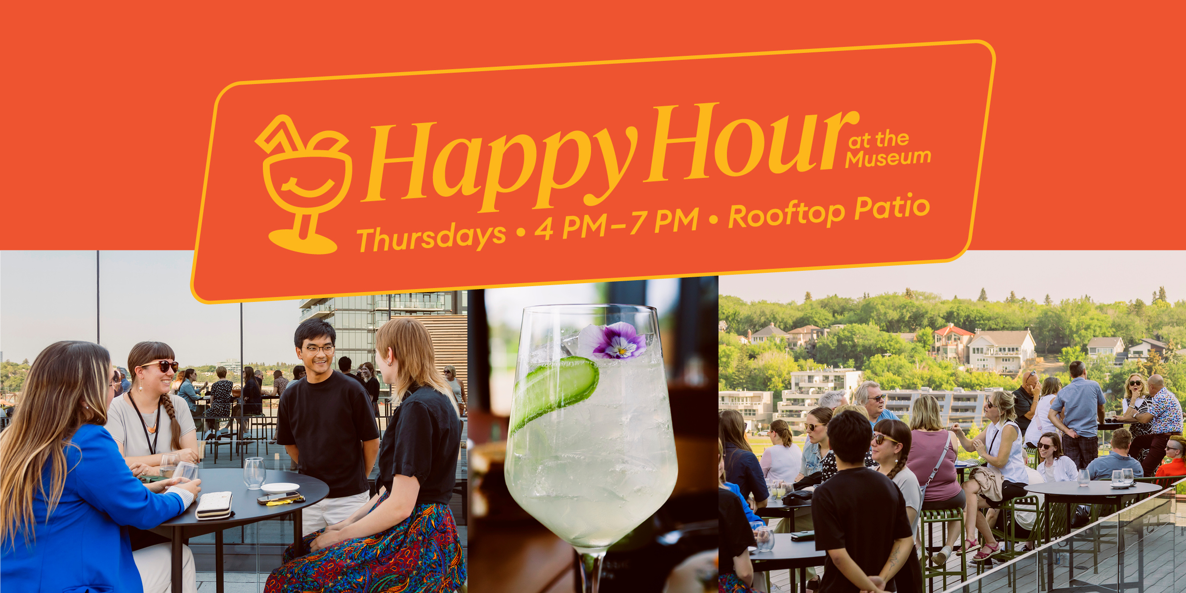 Collage of images of people enjoying drinks on a rooftop patio